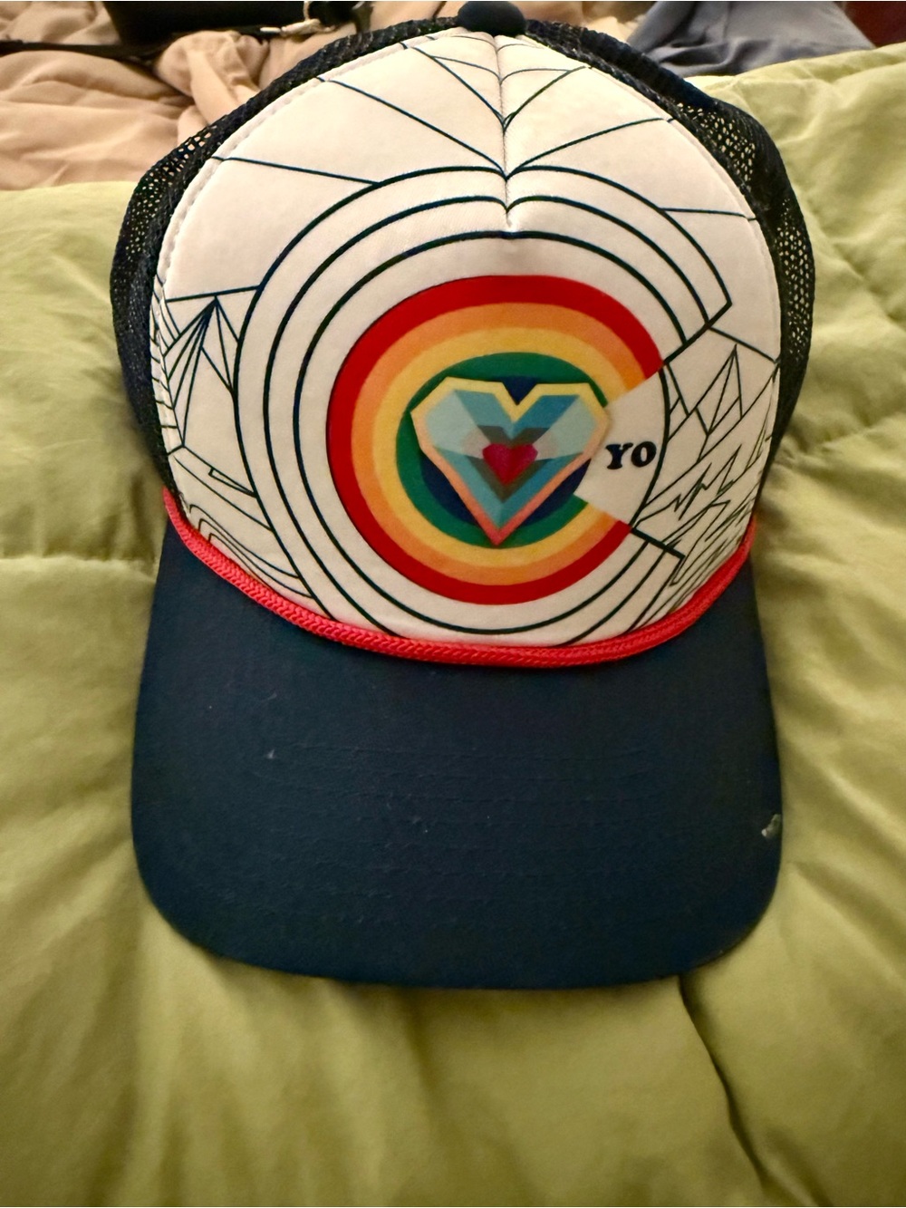 Navy Rainbow Heart Trucker Hat with Pink Trim